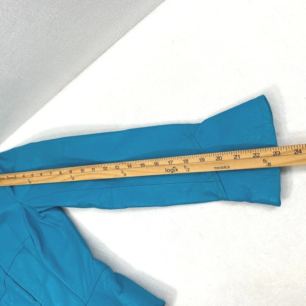 Shape FX Turquoise Blue Genuine Leather Jacket Womens Sz 8 Full Zip Flared Cuffs - Picture 8 of 11